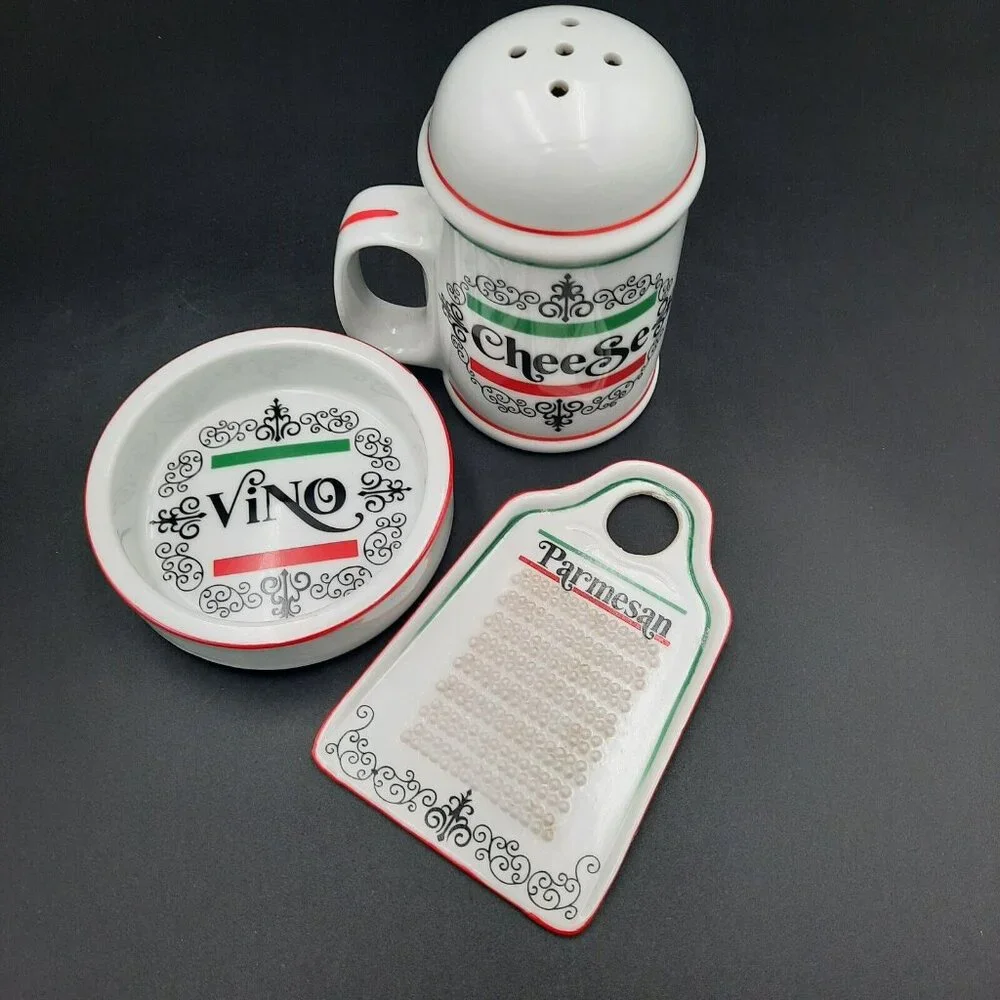 Vintage Lorrie Design Parmesan Set, Grater, Shaker, Vino Wine‎ Plate Japan